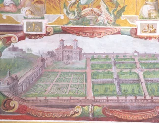O Estudo Studiolo de Francesco deMedici 1541-87 detalhe da decoração da abóbada representando um plano da vila e seus jardins, afresco 1564-75